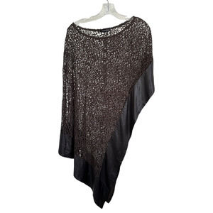 LAMAZONE Women's Lace Poncho Top w/ Faux Leather Trim Asymmetric Size XS/S Brown